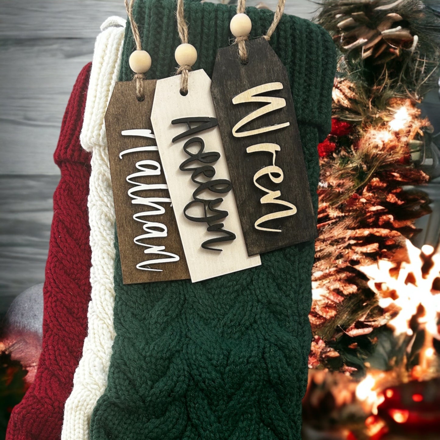 Knitted stocking with wood name tag