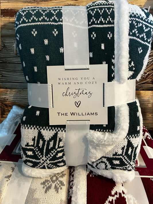Cozy 50x70 Christmas throw w/personalized wood tag